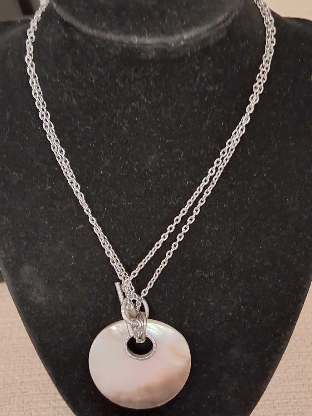 Judith Ripka Silver Mother-of-Pearl Disc Pendant Double-Chain Necklace